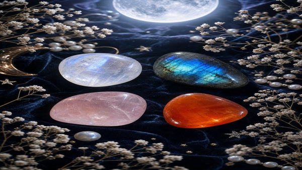 Cancer zodiac crystals — moonstone, labradorite, rose quartz and carnelian under moonlight