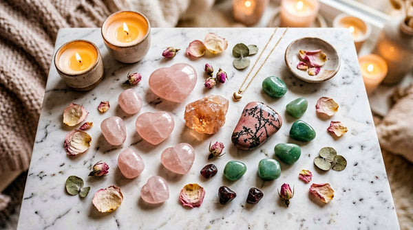 Romantic crystal arrangement with rose quartz hearts, rhodonite, green aventurine, morganite and garnet on marble with rose petals and candles