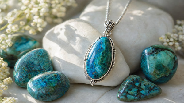 Chrysocolla crystal pendant necklace with turquoise-blue gemstones