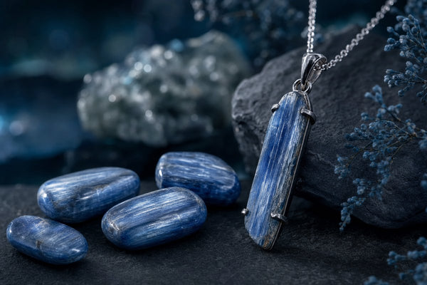 Blue kyanite crystal pendant and tumbled stones on dark slate — Celestia Crystal