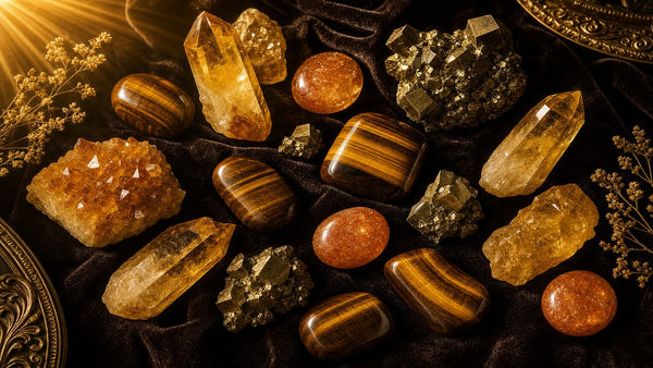 Leo zodiac crystals flat lay featuring pyrite, tiger's eye, sunstone, and citrine on dark velvet with golden sunlight