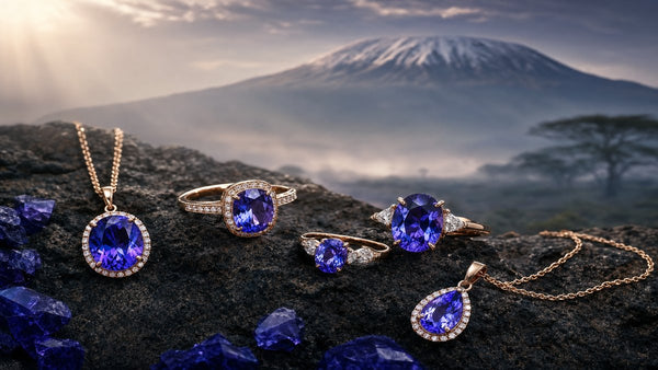 Tanzanite jewelry collection with blue-violet gemstones on volcanic rock with Mount Kilimanjaro in background