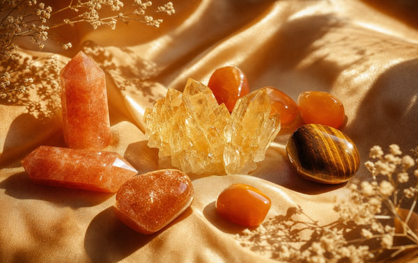 Sunstone, citrine, carnelian and golden tiger's eye crystals on golden silk fabric in warm summer sunlight