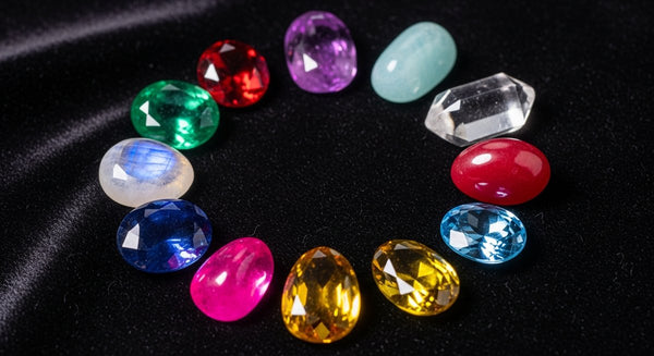 Twelve colorful birthstone crystals arranged in a circle on dark velvet