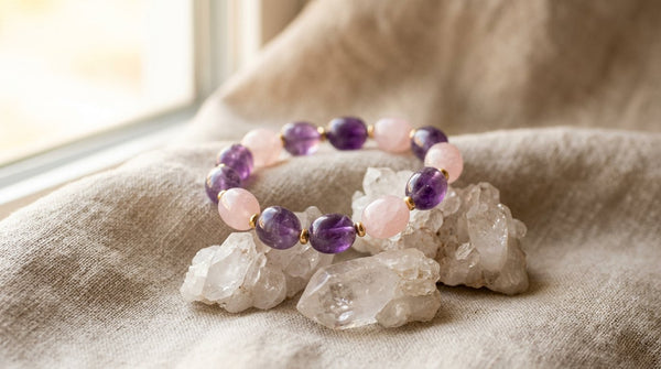 Tumbled crystal bracelet with raw quartz crystals on linen