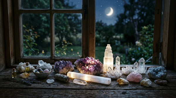 Crystal collection of amethyst, selenite, and clear quartz arranged on a moonlit windowsill