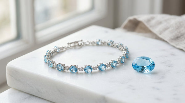 Blue topaz bracelet with faceted gemstone on white marble