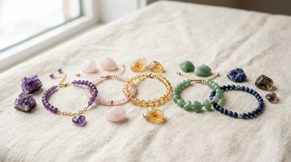 Colorful crystal bracelets and polished stones arranged on cream linen