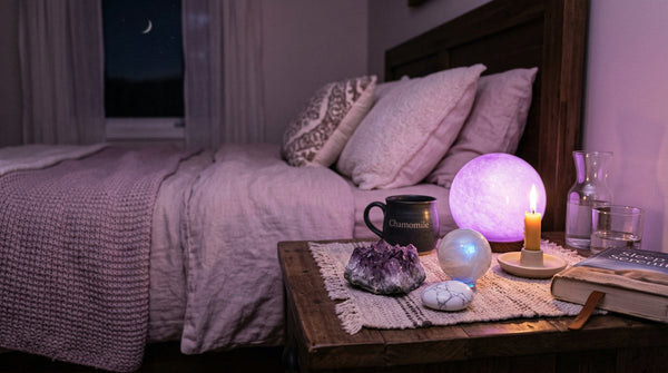 Peaceful bedroom nightstand with amethyst cluster, moonstone, and howlite crystals with soft purple ambient lighting