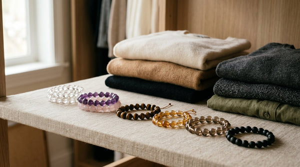 Crystal jewelry capsule wardrobe with seven stones arranged beside neutral clothing