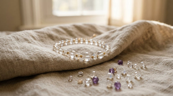 Photorealistic crystal bracelet on neutral fabric for sensitive skin guide