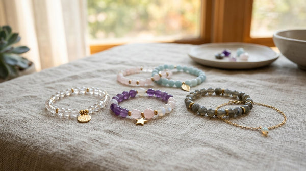 Crystal bead bracelets and gemstone jewelry on a neutral linen background in soft natural light