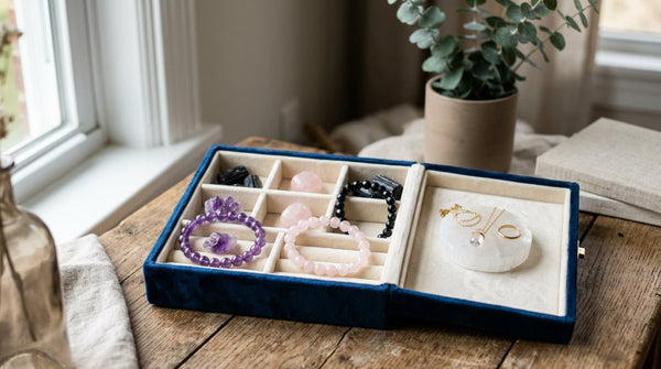 Velvet-lined jewelry box with crystal bracelets and a selenite plate.