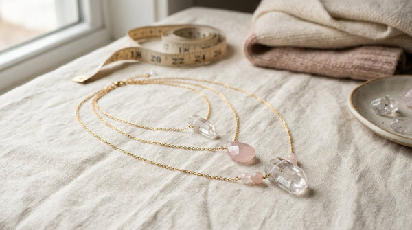 Crystal pendant necklaces arranged in different lengths beside a measuring tape