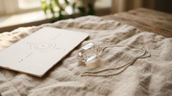 Clear quartz crystal pendulum on a silver chain next to a simple pendulum board