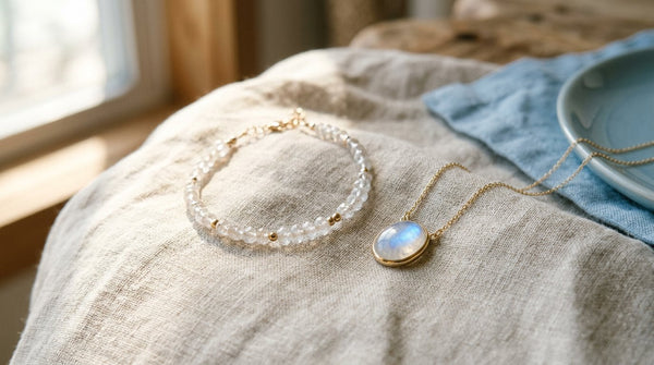 Moonstone pendant and crystal bracelet in soft natural light