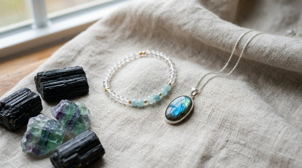 Photorealistic crystal jewelry with labradorite pendant and crystals on linen