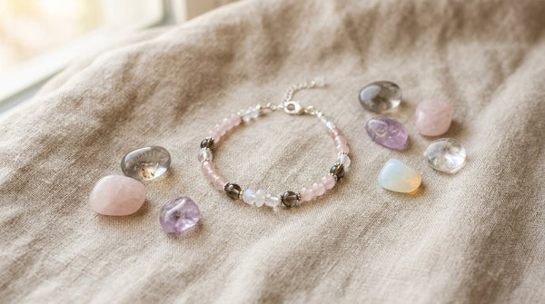 Crystal bracelet and gentle healing stones on soft linen, calming light
