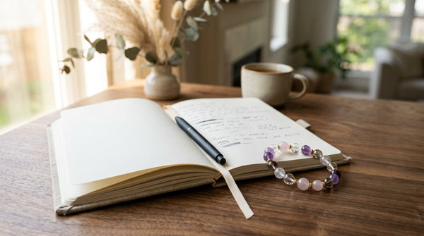 Crystal bracelet beside an open journal and pen on a warm wood desk