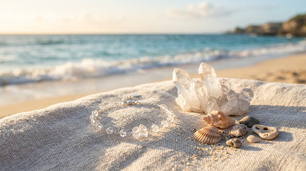 Clear quartz crystal cluster and crystal bracelet on a beach towel