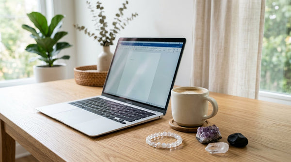 Minimalist work-from-home desk with crystal bracelet, clear quartz, amethyst, and shungite stones.