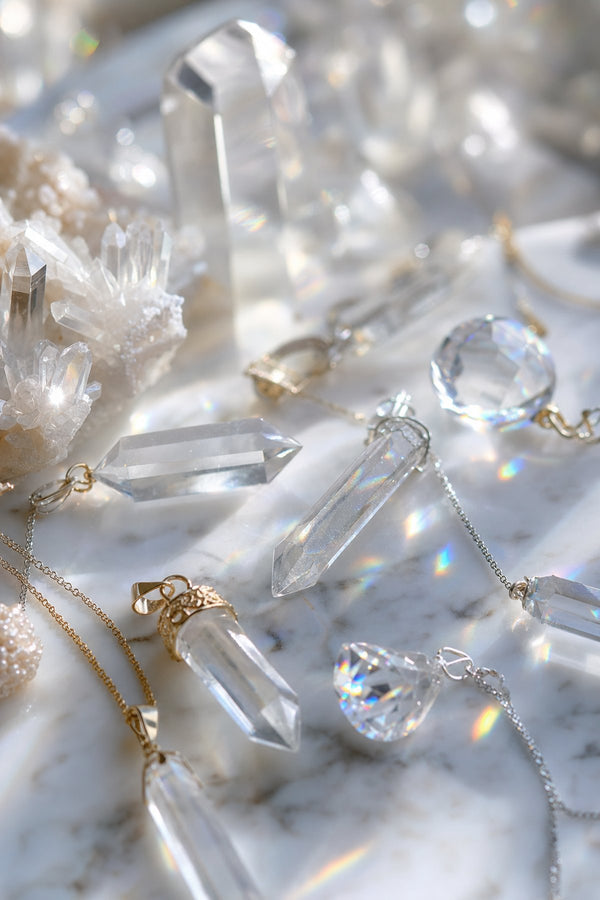 Clear quartz crystal pendants and jewelry on white marble with prismatic light reflections