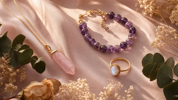 Mother's Day crystal jewelry flat lay with rose quartz pendant, amethyst bracelet, and moonstone ring on pink silk