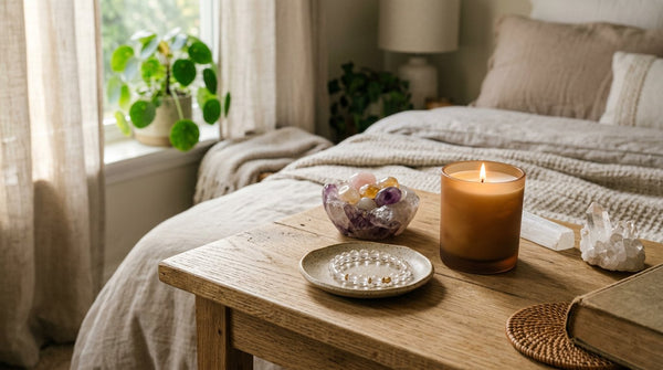 Indoor crystal charging setup with a crystal bracelet, selenite wand, and candle on a bedside table.