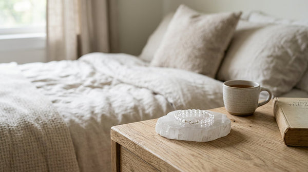 Crystal bracelet on a selenite charging plate on a bedside table