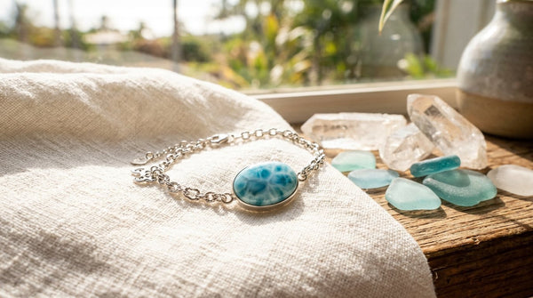 Sterling silver larimar gemstone bracelet in natural light