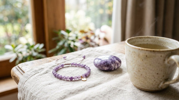 Purple lepidolite crystal bracelet and palm stone in soft natural light