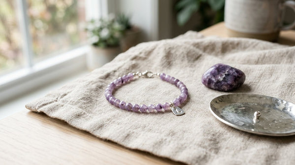 Lavender lepidolite crystal bracelet in soft natural light