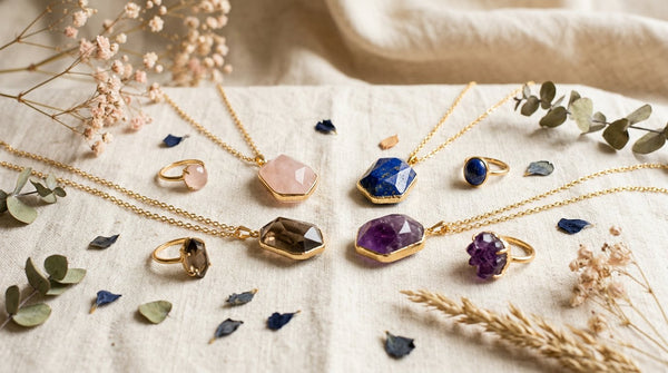 Rose quartz, lapis lazuli, smoky quartz, and amethyst crystal jewelry arranged on linen