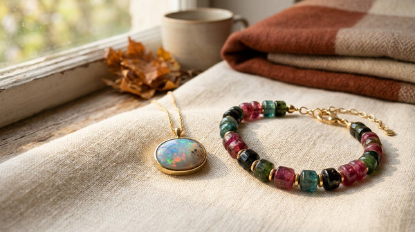 Opal pendant and colorful tourmaline bracelet styled in warm autumn light