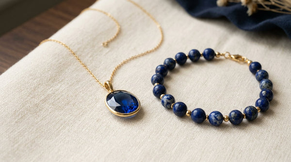 September birthstone jewelry with a blue sapphire-inspired pendant and lapis lazuli bracelet