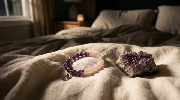 Photorealistic close-up of crystal bracelets and raw amethyst on a soft linen bed at night