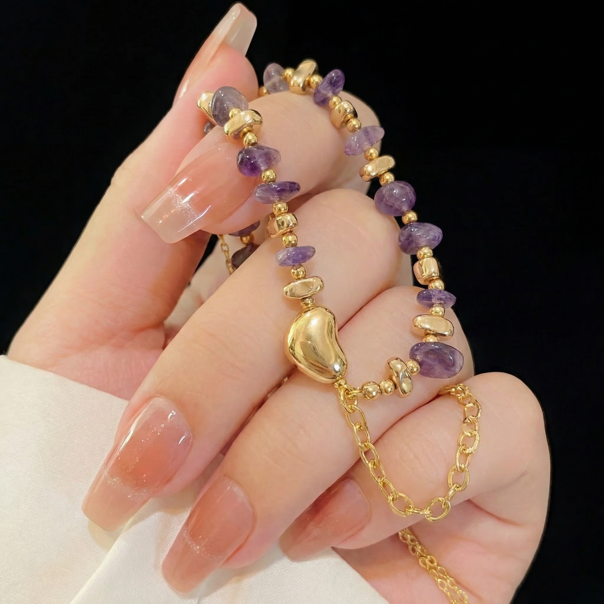 Hand-Beaded Amethyst Necklace in 18K Gold-Plated Copper