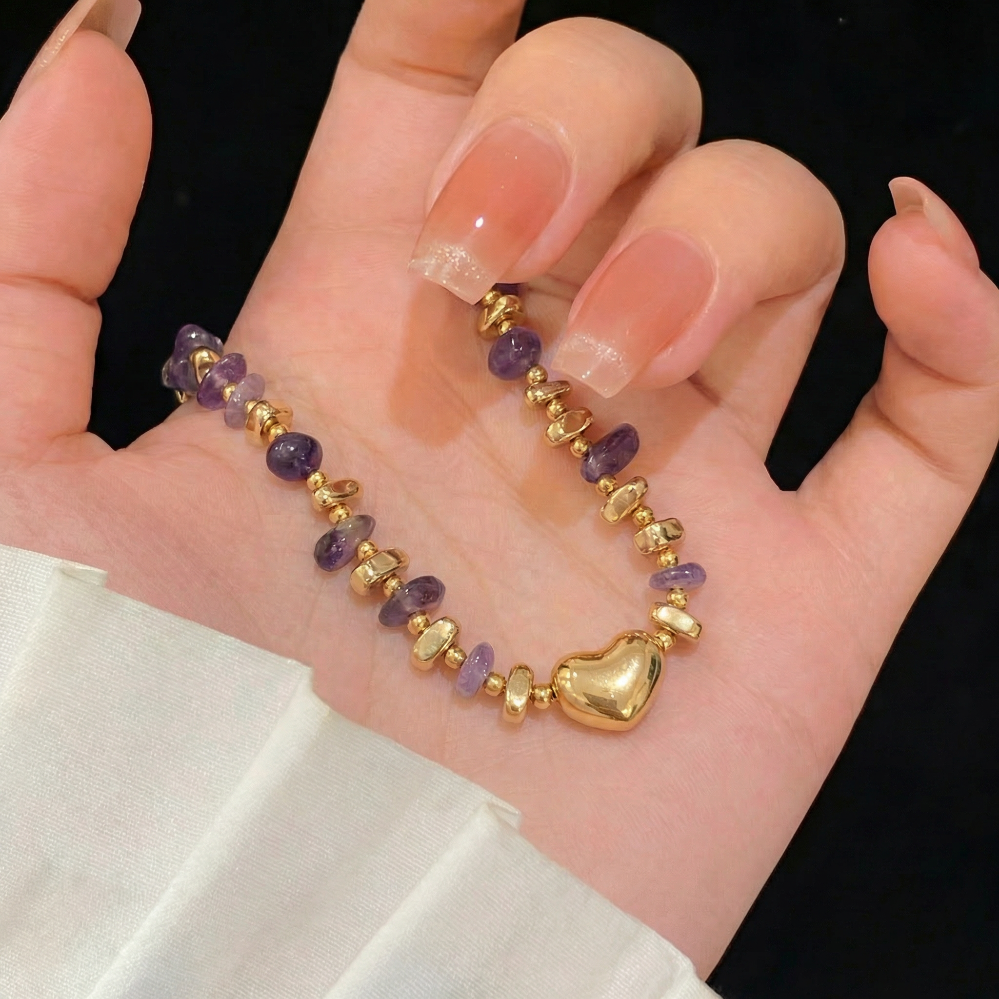 Hand-Beaded Amethyst Necklace in 18K Gold-Plated Copper