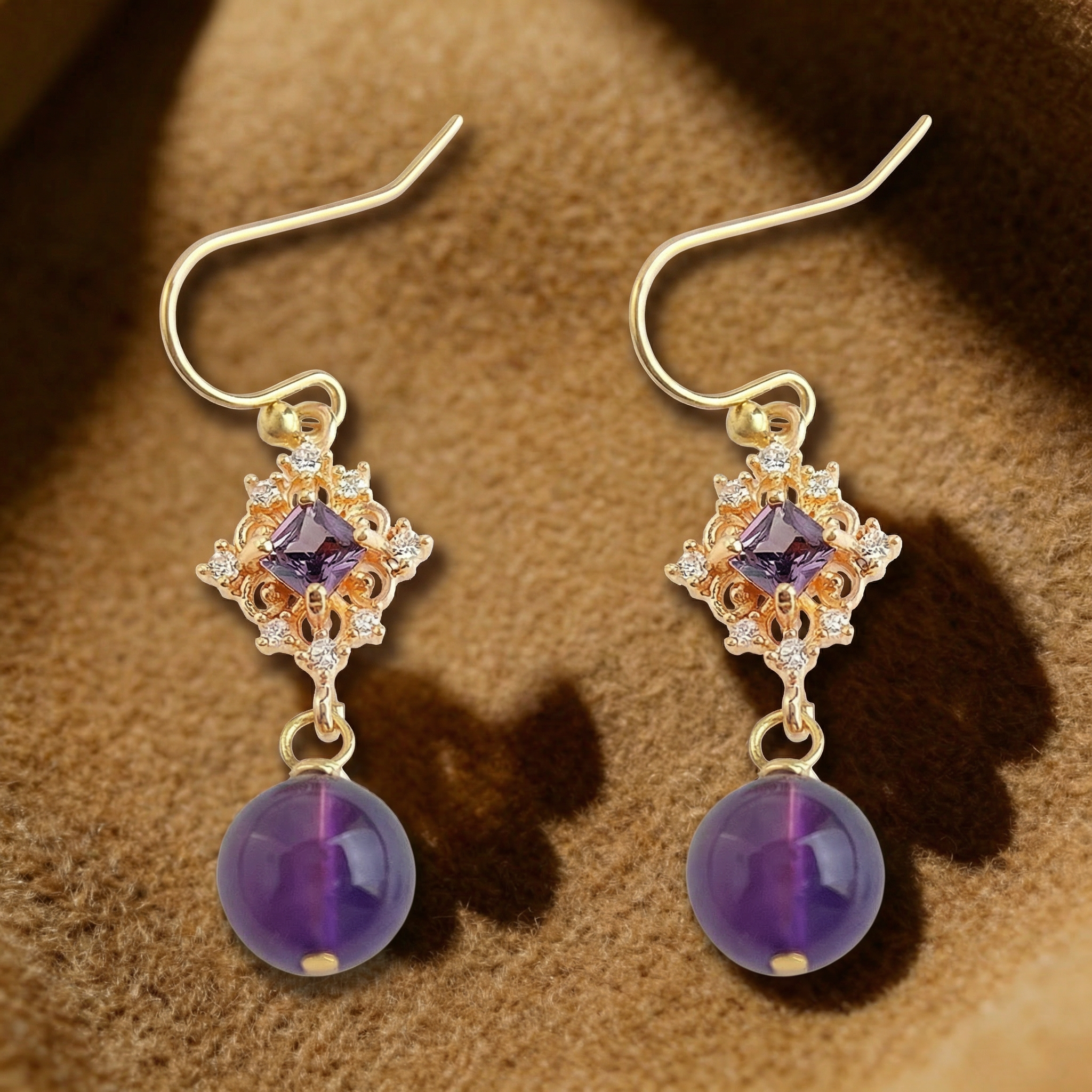 Amethyst Cubic Zirconia Earrings in 14K Gold Plated Copper