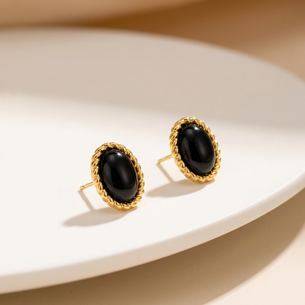 Black Onyx Earrings in 18K Gold Plated Copper