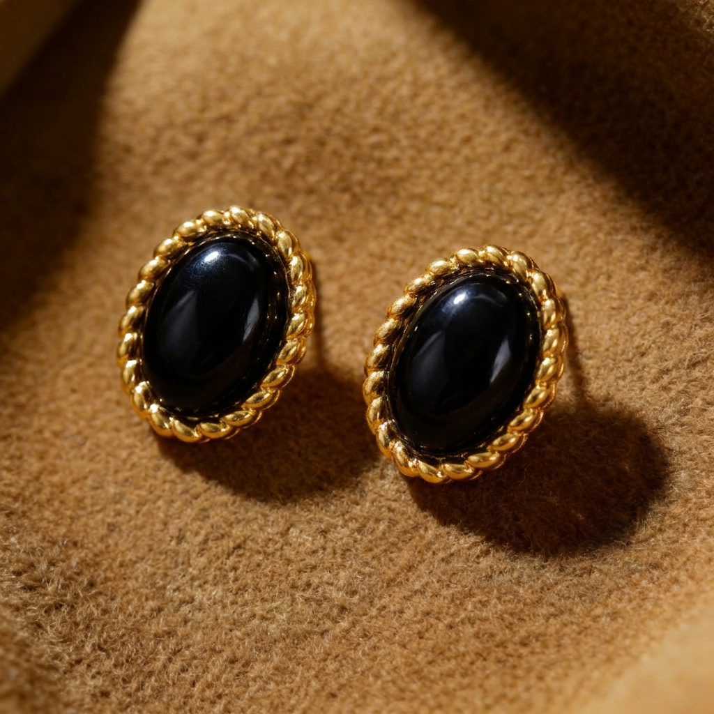 Black Onyx Earrings in 18K Gold Plated Copper