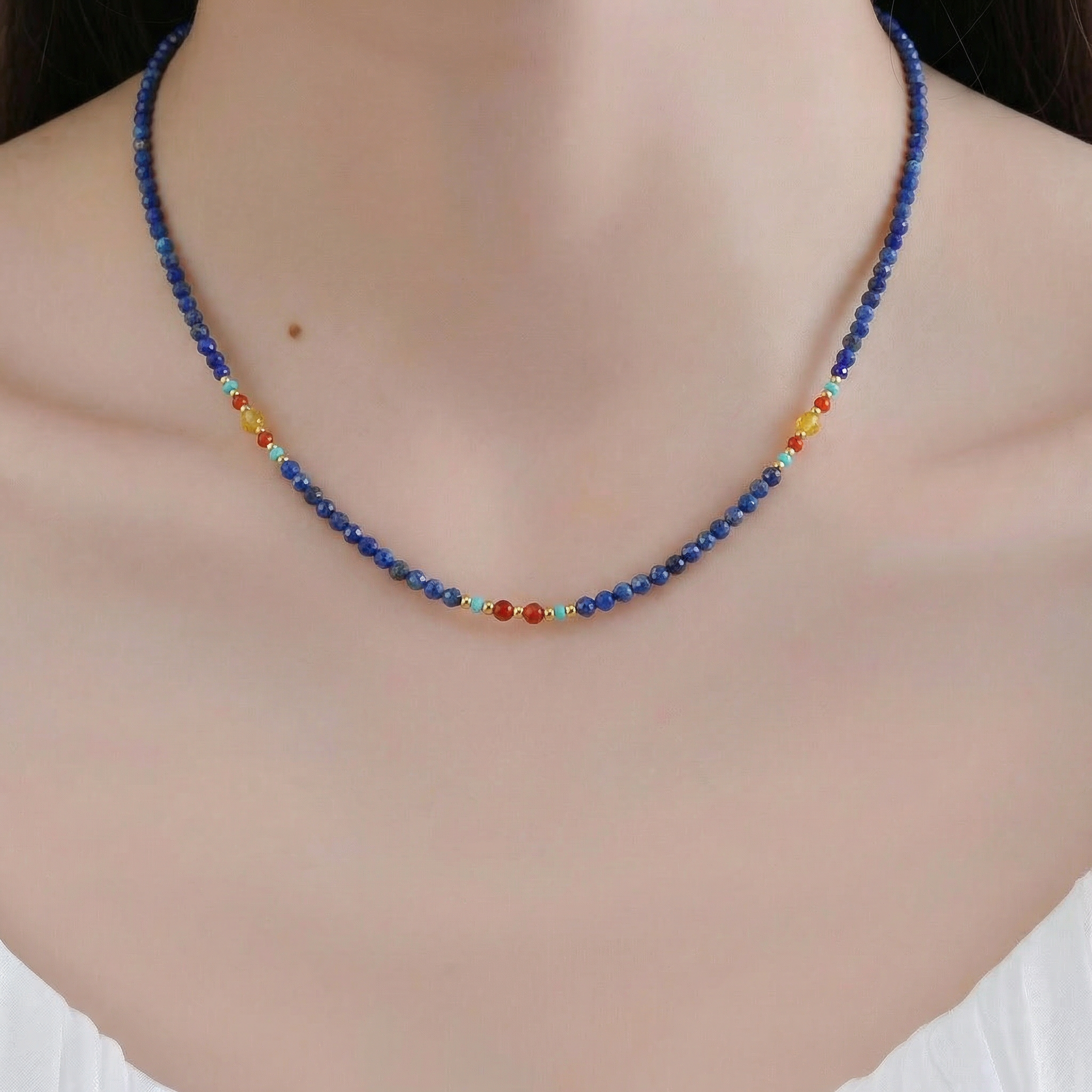 Lapis Lazuli, Carnelian & Turquoise Necklace in 18K Gold-Plated Copper