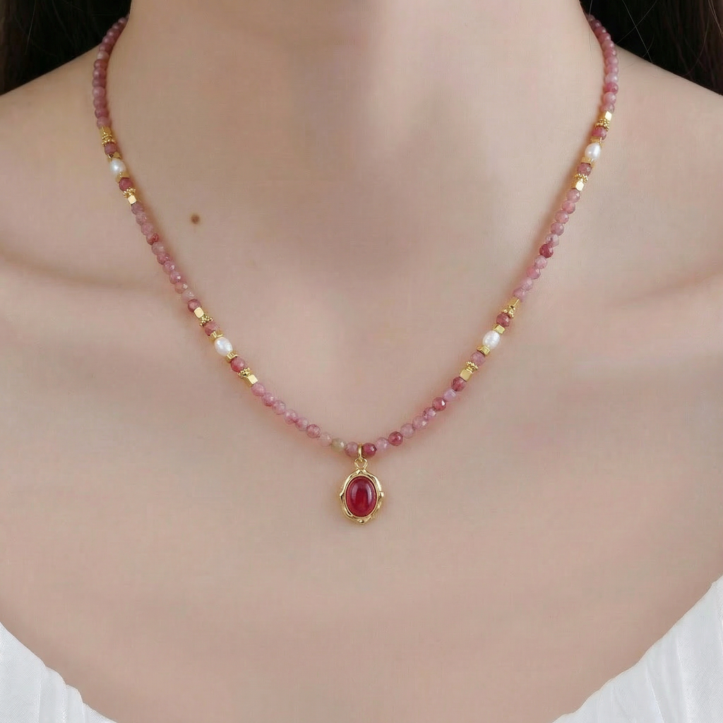 Rose Stone Necklace in 18K Gold Plated Copper