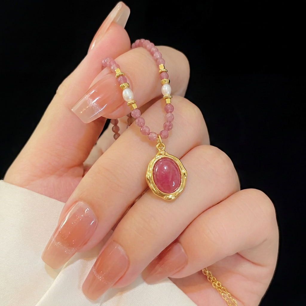 Rose Stone Necklace in 18K Gold Plated Copper