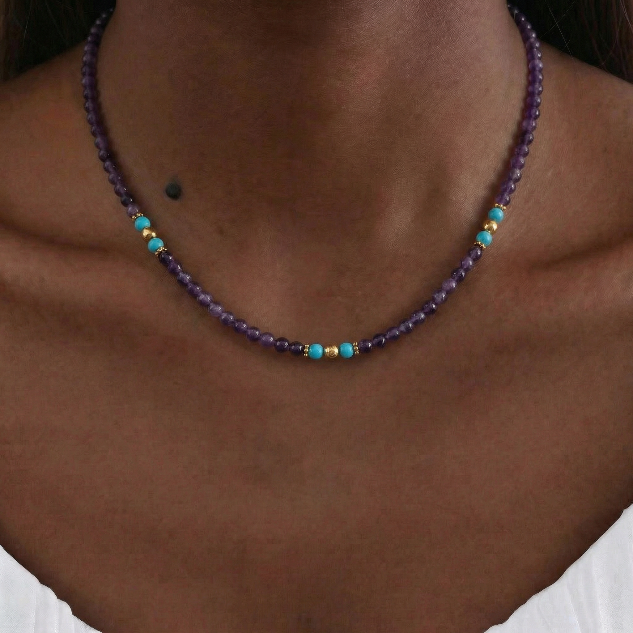 Amethyst, Carnelian & Turquoise Necklace in 18K Gold-Plated Copper