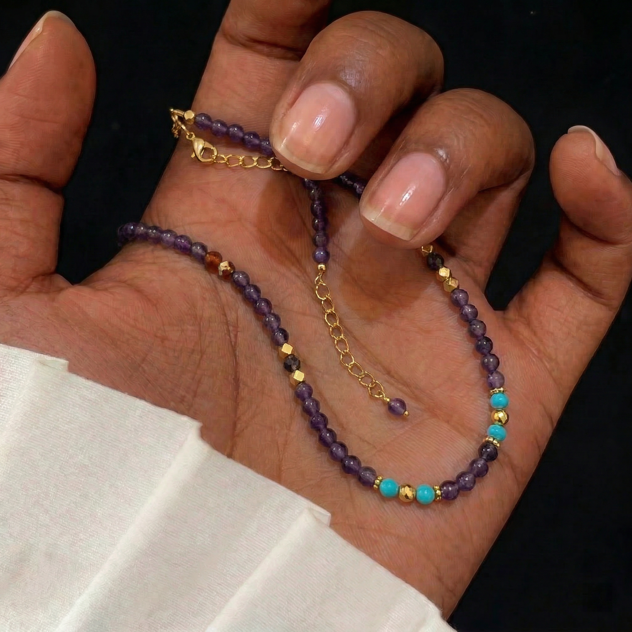 Amethyst, Carnelian & Turquoise Necklace in 18K Gold-Plated Copper