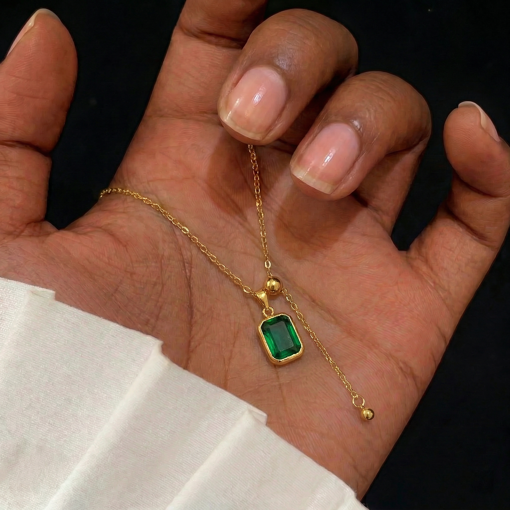 Green Chalcedony Pendant Necklace in 18K Gold-Plated Copper