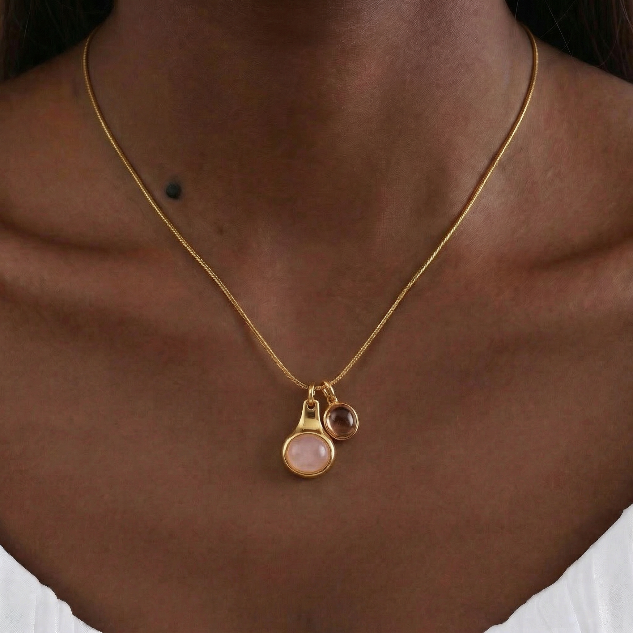 Rose Quartz & Strawberry Quartz Necklace in 18K Gold-Plated Copper