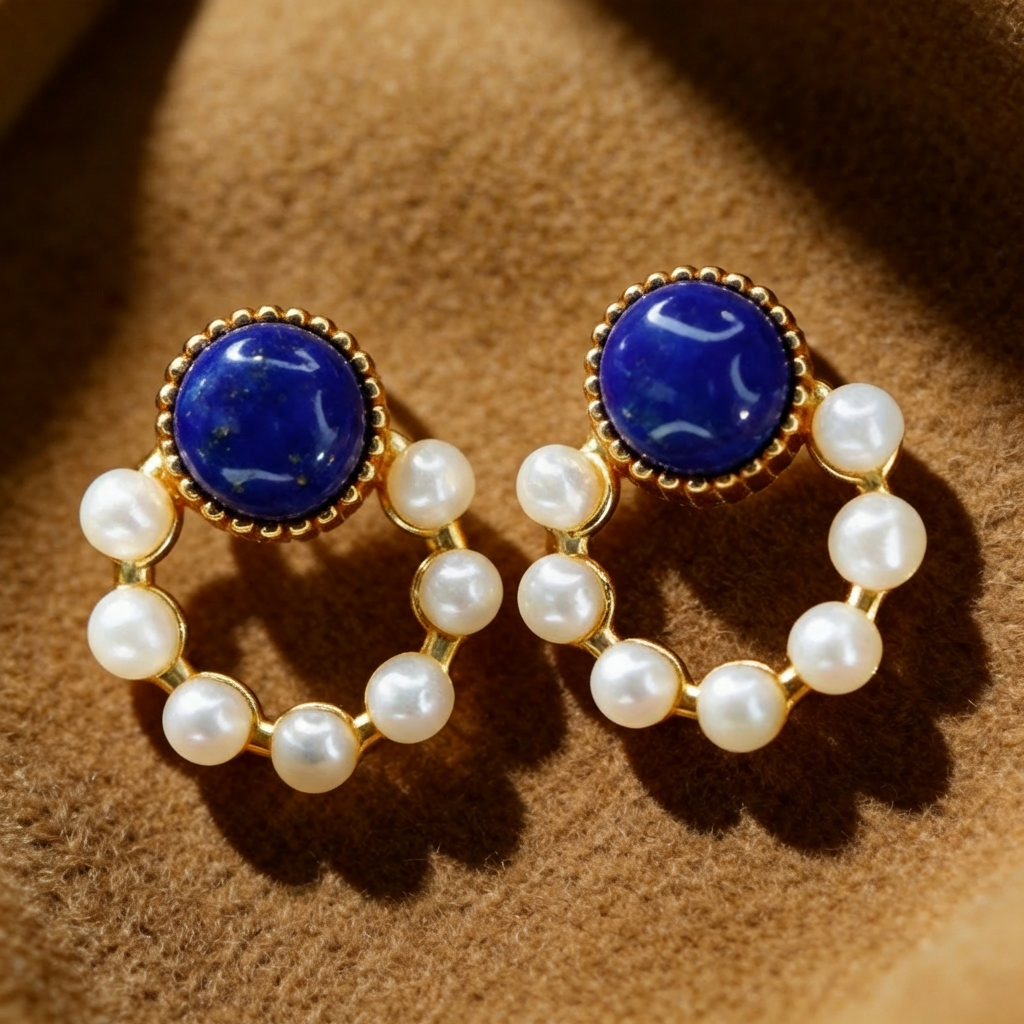 Pearl and Lapis Circle Stud Earrings in Gold Over Sterling Silver