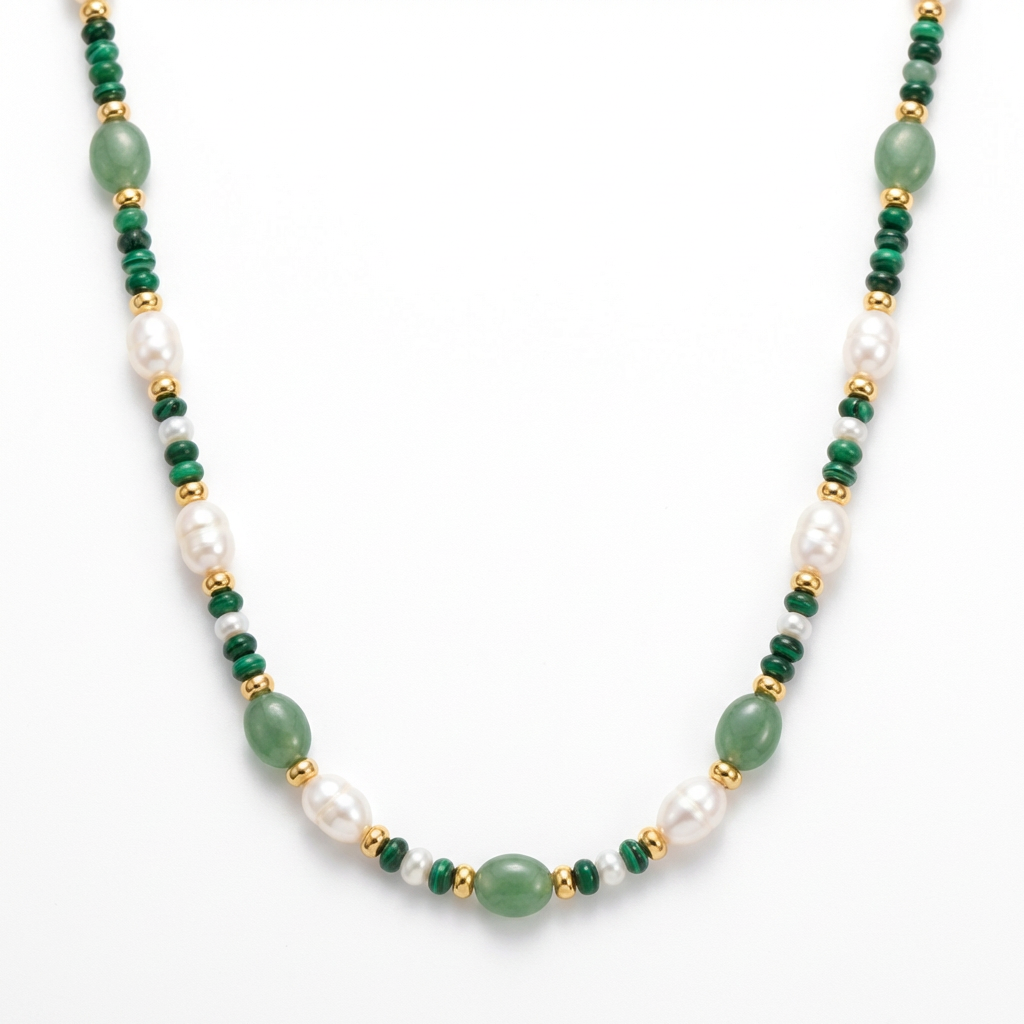Malachite Green Jade Beads Necklace in 24K Gold Plated Copper